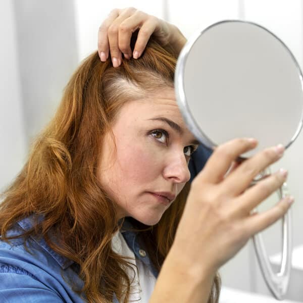 Colorazione Capelli Milano - Donna che controlla la ricrescita dei capelli allo specchio